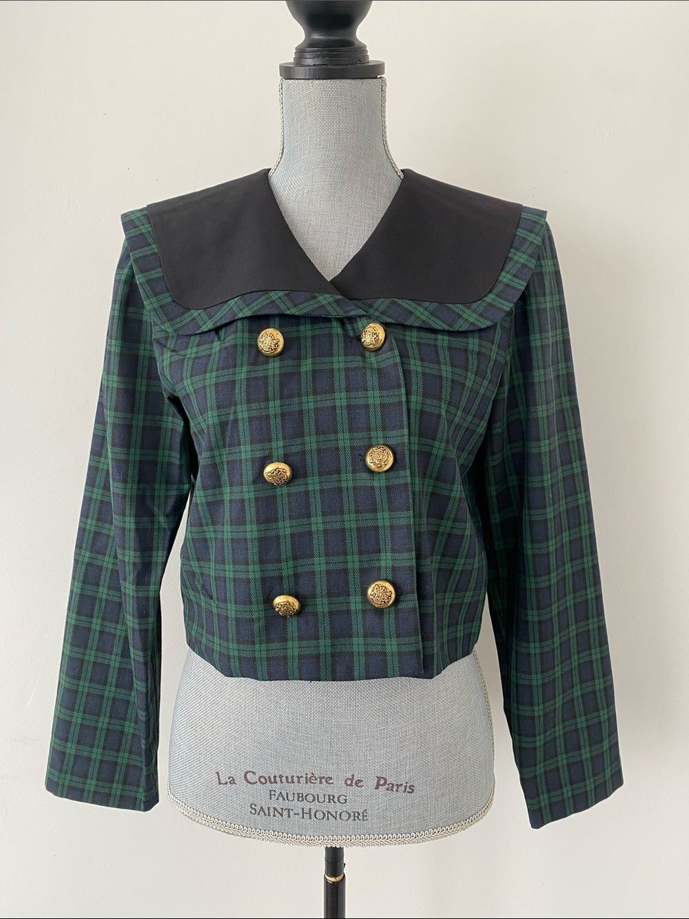 VTG ‘90s J.B.S. Cropped Double-Breasted Plaid blouse Contrast Collar Gold Button
